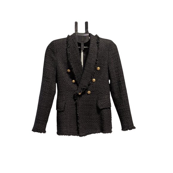 ✨ ZARA Woman Black Bouclé Tweed Double-Breasted Blazer Size S EUC - Picture 2 of 4